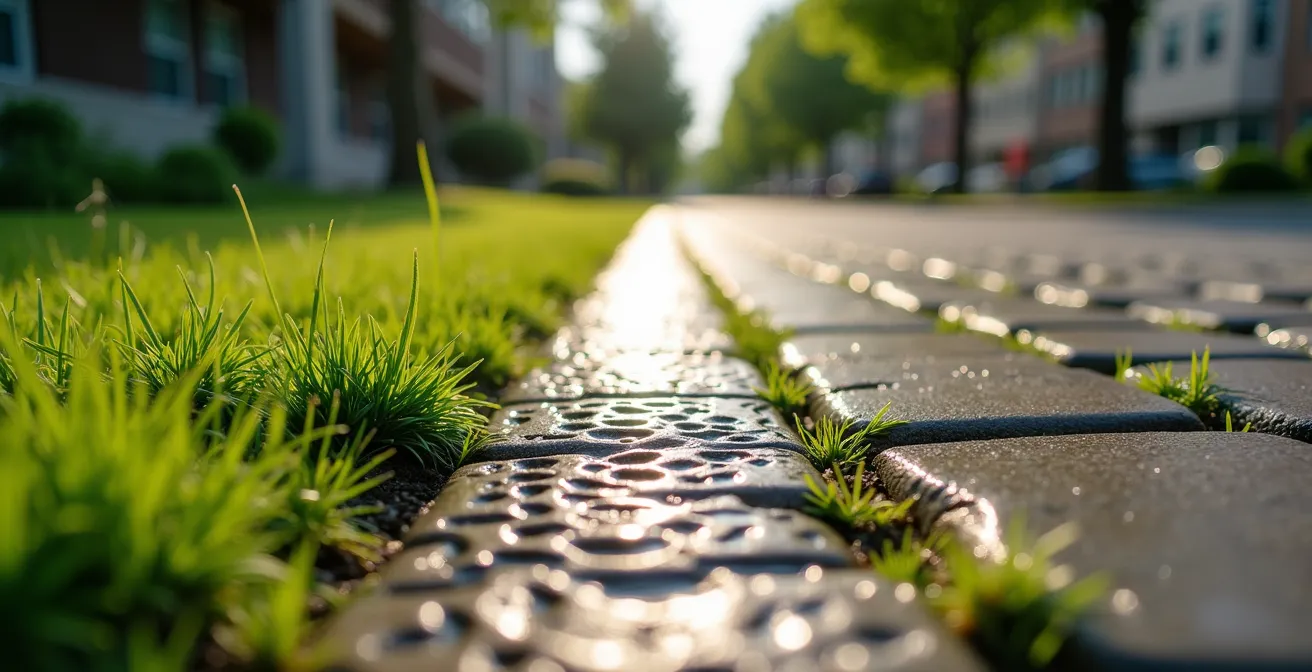 Aménagement paysager montréalais avec pavés alvéolés et zones végétalisées intégrées