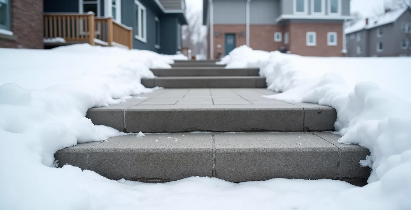 Vue en coupe montrant l'ancrage correct de marches en béton sous la ligne de gel avec fondation sur pieux