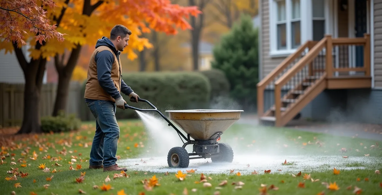 Jardinier épandant de la chaux sur une pelouse avec les feuilles d'automne et une maison typique de Montréal en arrière-plan