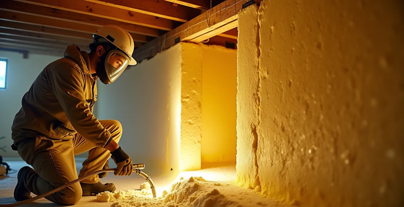 Application de mousse isolante polyuréthane sur les solives de rive d'un sous-sol