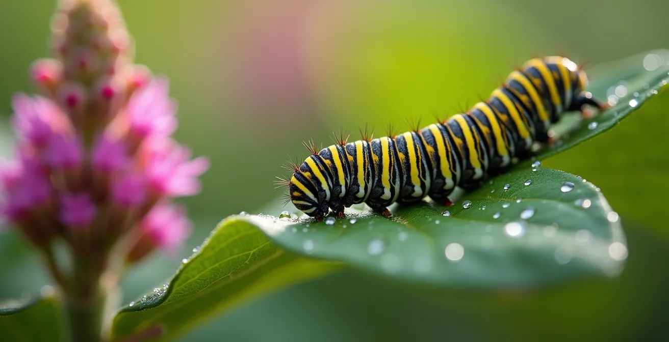 Gros plan sur une chenille de monarque rayée noir et jaune sur une feuille d'asclépiade avec fleurs roses