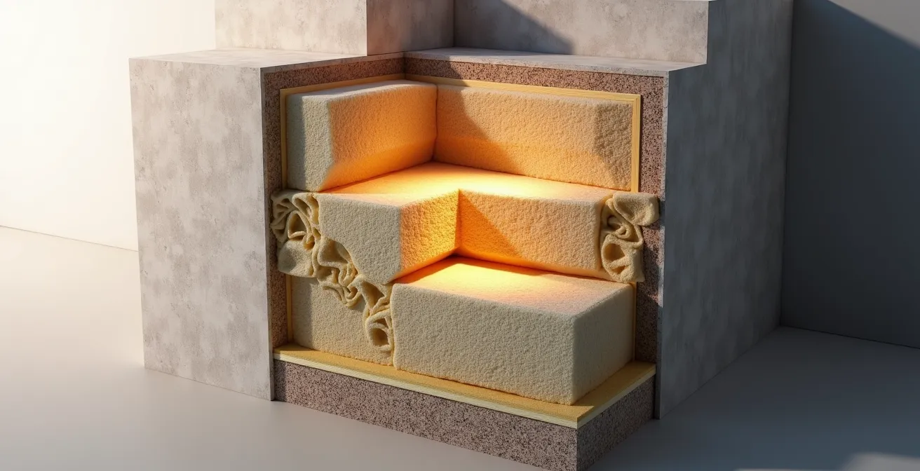 Vue en coupe d'un mur avec système d'insonorisation multicouche et barres résilientes