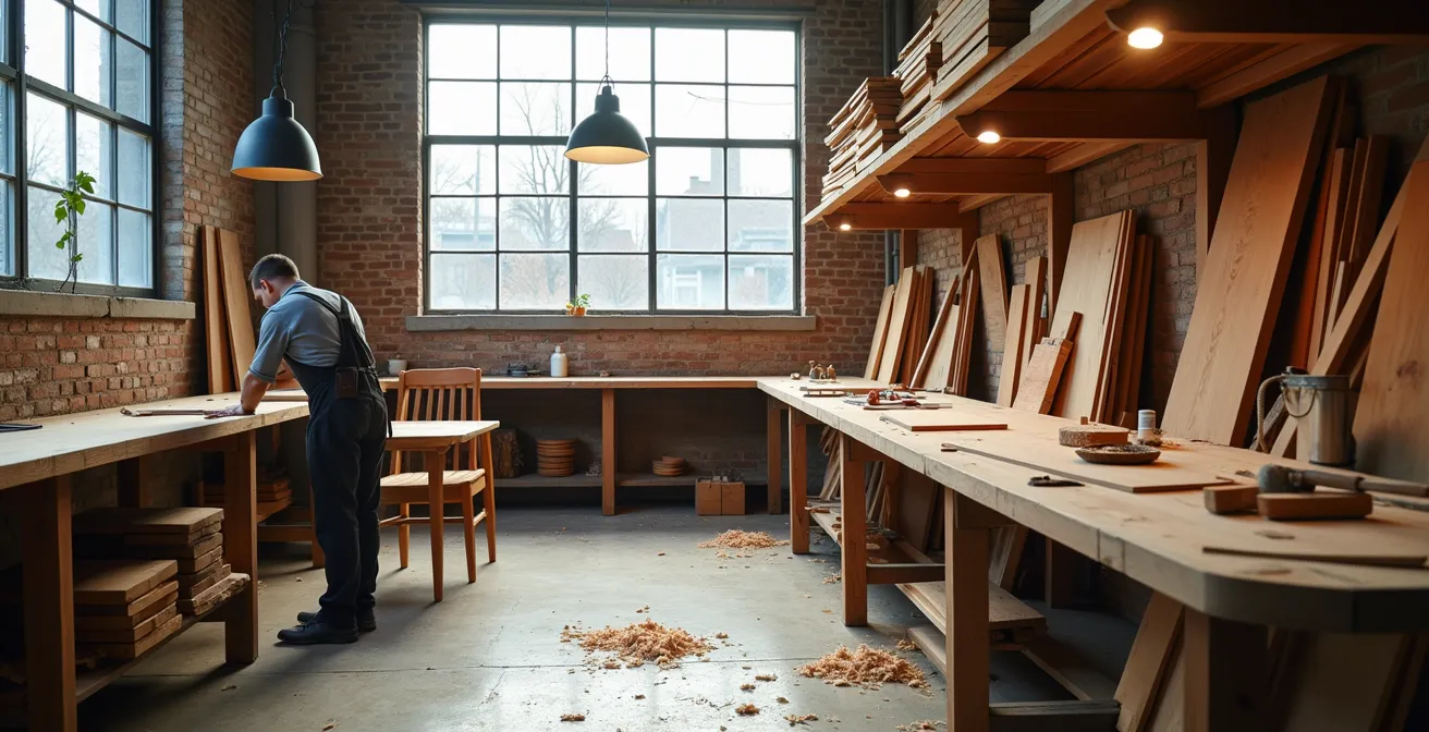 Vue d'ensemble d'un atelier d'ébénisterie montréalais avec artisan au travail sur meuble en bois local