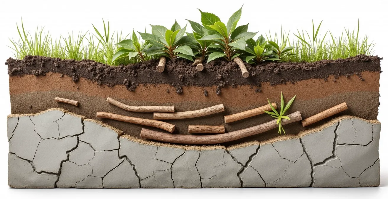 Coupe transversale d'une butte de plantation montrant les différentes couches d'amendements dans un jardin québécois