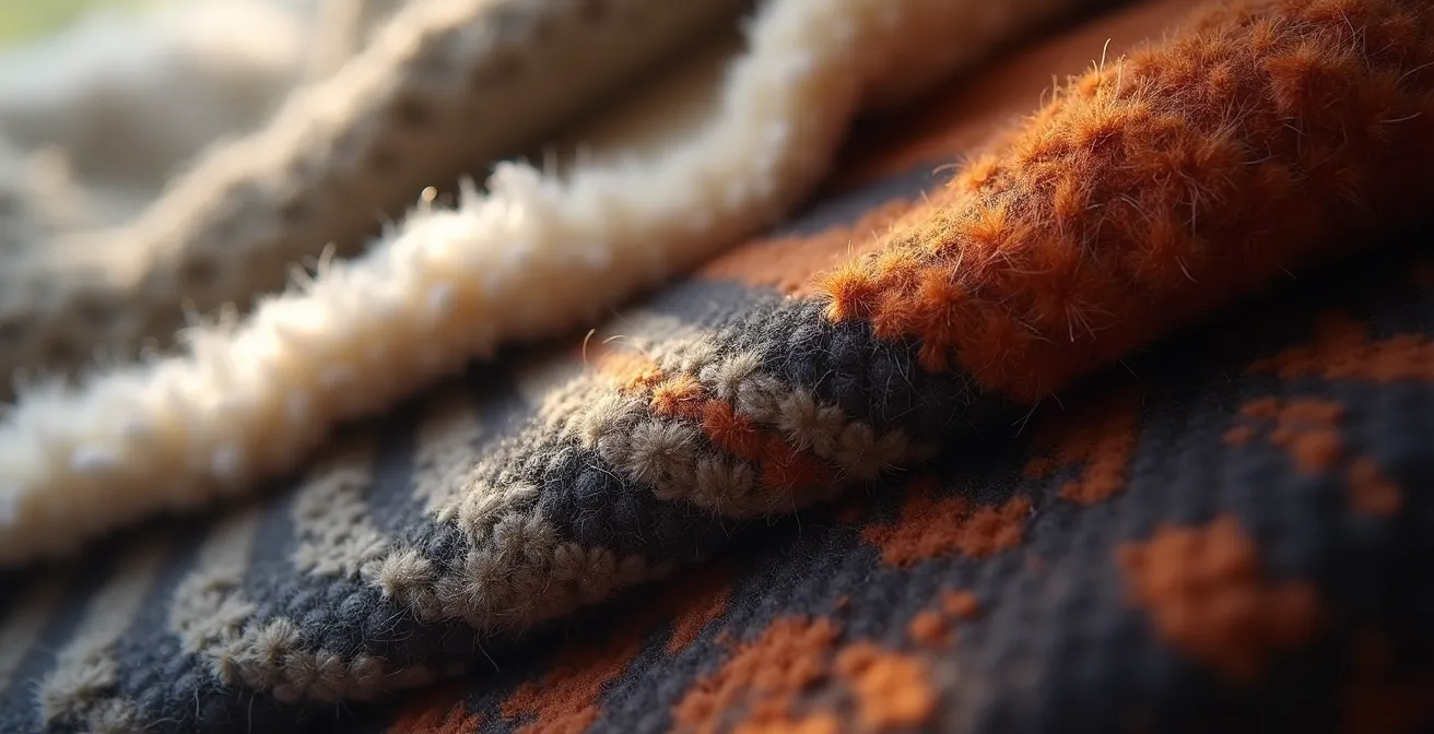 Canapé avec superposition de textures douillettes en laine et velours