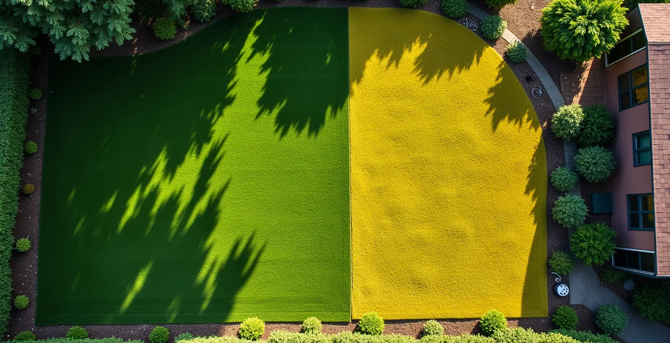 Vue aérienne d'un terrain résidentiel divisé en zones d'irrigation distinctes selon l'ensoleillement