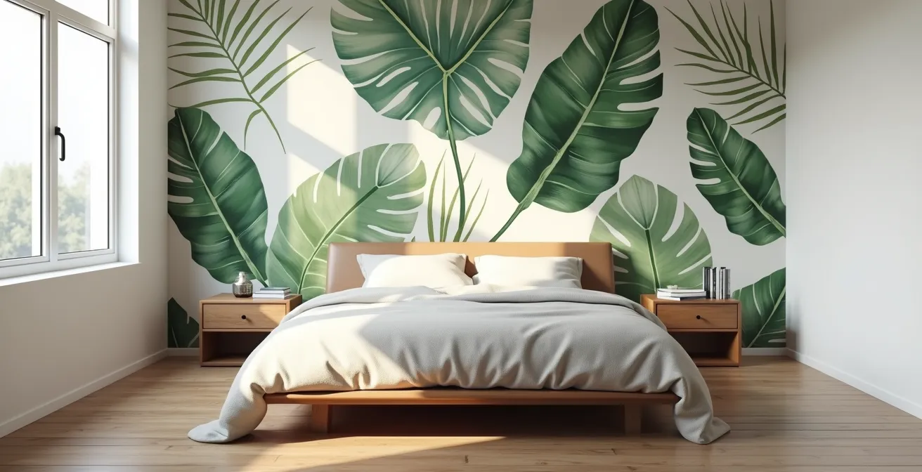 Chambre à coucher avec papier peint botanique tropical derrière la tête de lit créant une ambiance apaisante