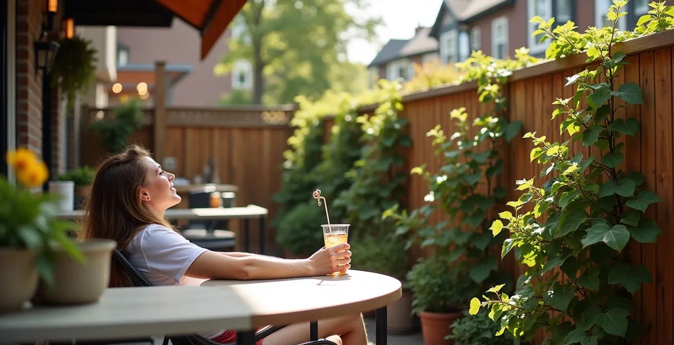 Clôture mixte avec base pleine et treillis végétalisé favorisant la circulation d'air