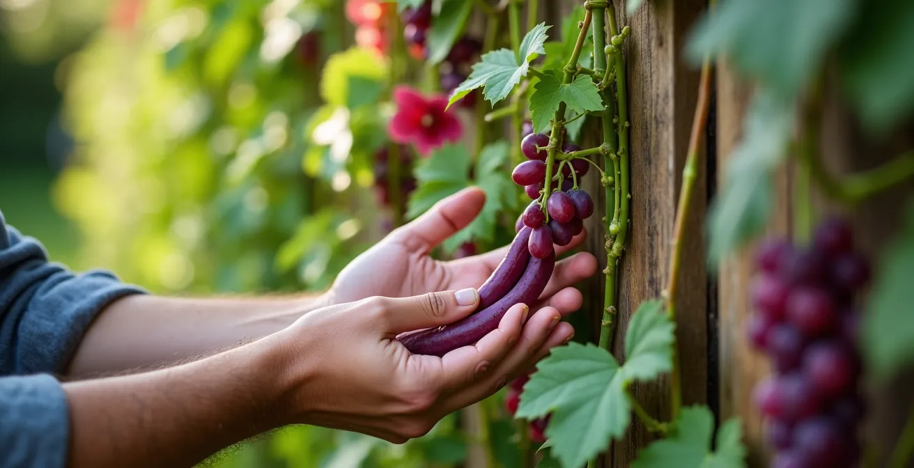 Clôture en bois recouverte de vignes et kiwis arctiques avec haricots grimpants créant un mur végétal productif