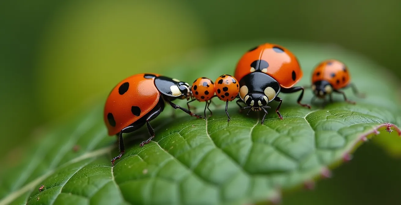 Coccinelles adultes et larves chassant des pucerons sur une feuille de rosier