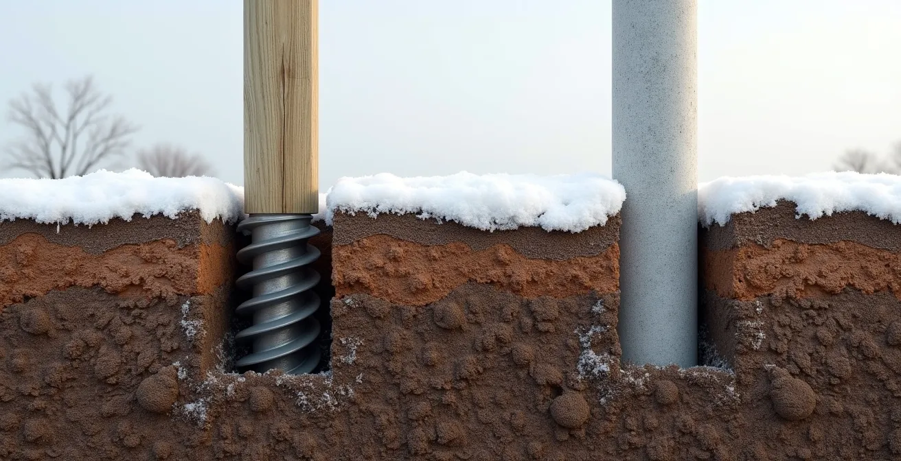 Vue en coupe montrant l'ancrage d'un pieu vissé versus un sonotube dans un sol argileux gelé