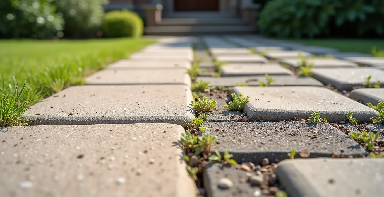Comparaison côte à côte de joints de pavés avec sable polymère et poussière de pierre après l'hiver