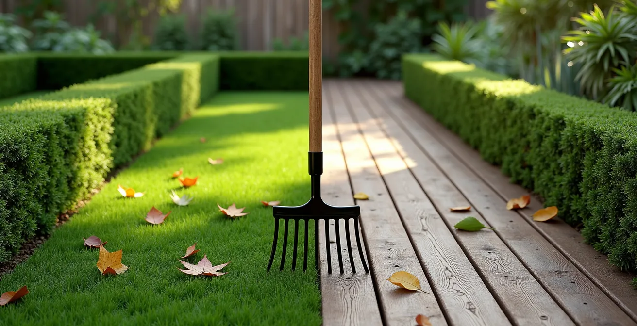 Comparaison côte à côte d'un rendu 3D paysager et d'une photographie réelle du même jardin montrant les différences subtiles