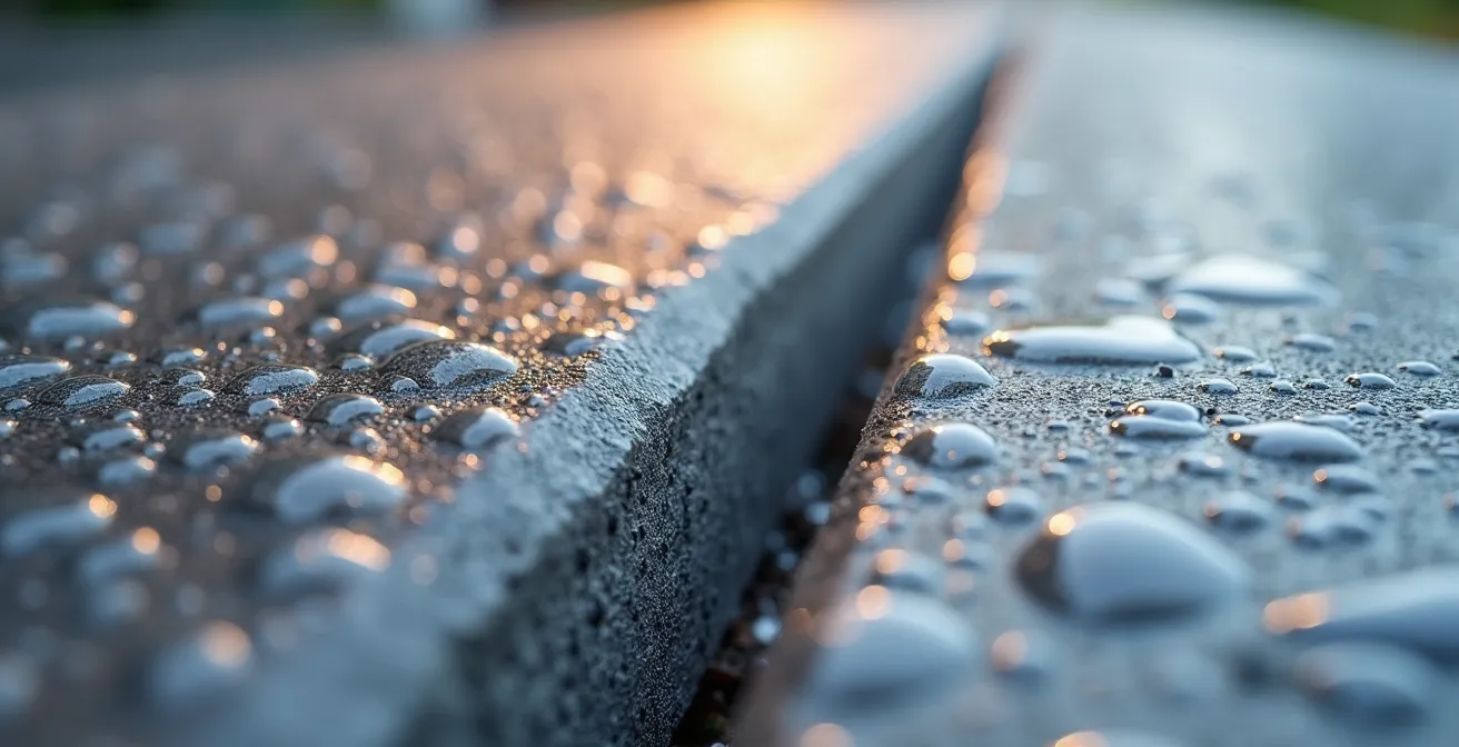 Gros plan sur textures de comptoirs en granit local et béton traité montrant leur résistance