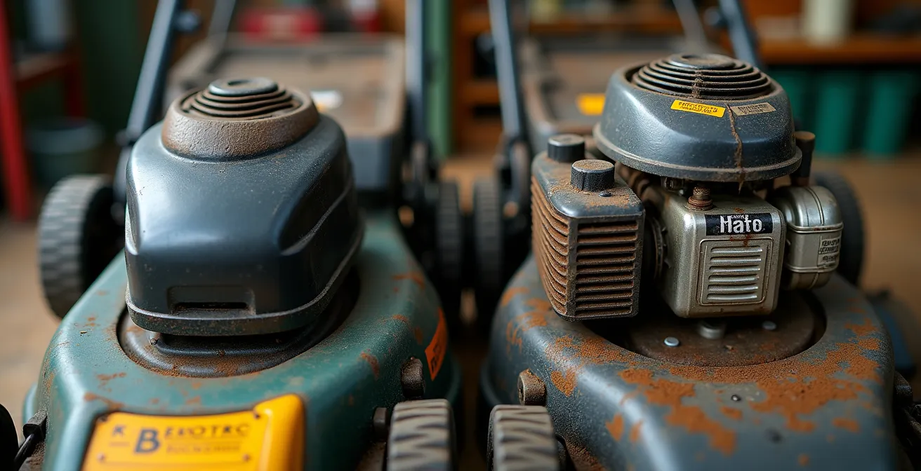 Gros plan comparatif sur deux tondeuses côte à côte, électrique et essence