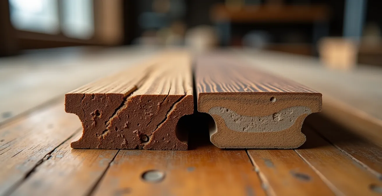 Coupe transversale montrant la différence entre composite première génération et troisième génération avec encapsulation