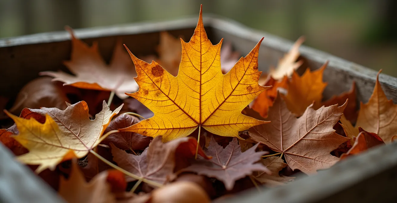 Composteur en bois dans un jardin urbain montréalais avec des couches de feuilles d'érable en décomposition.