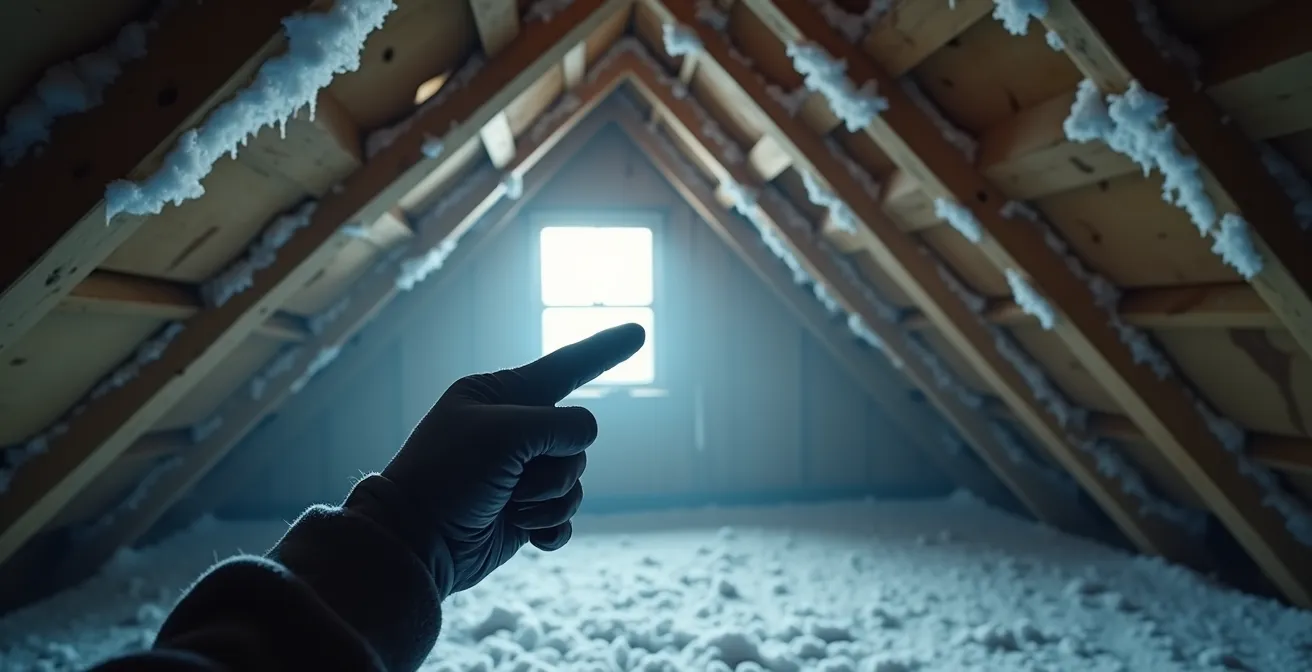 Signes de condensation et givre dans un grenier révélant des ponts thermiques