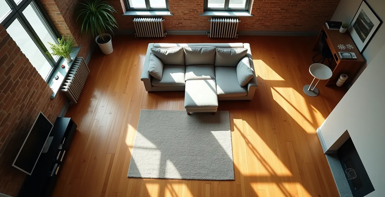 Vue aérienne d'un salon montréalais montrant différentes configurations possibles d'un canapé modulaire avec méridienne