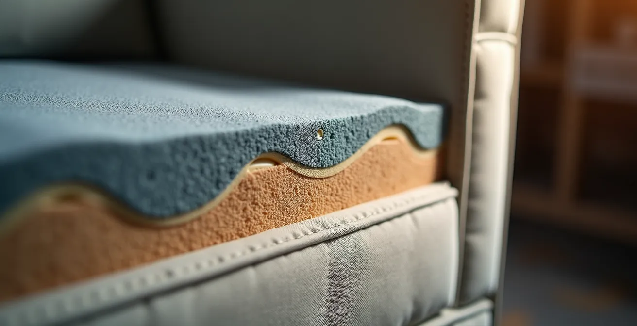 Coupe transversale d'un canapé montrant le système de ressorts sinueux et les différentes couches de mousse haute densité