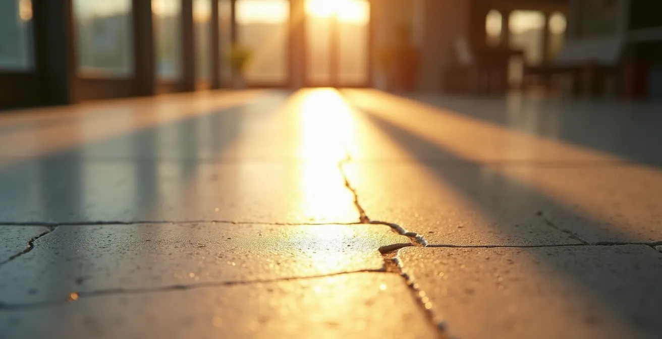 Vue en coupe d'une dalle de béton exposée au soleil avec visualisation de l'accumulation thermique