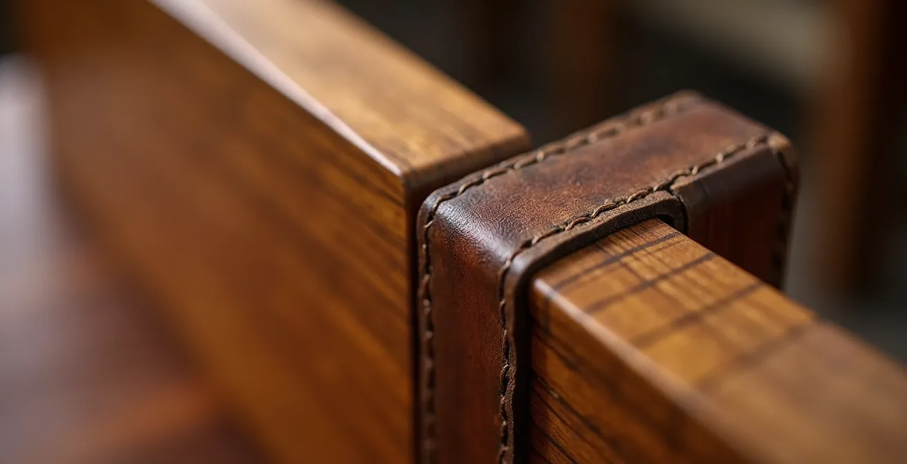 Gros plan macro sur les détails d'assemblage et finitions d'un fauteuil design authentique