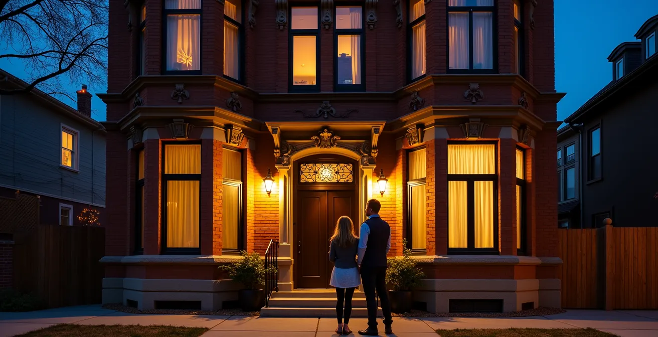 Éclairage architectural subtil d'une façade victorienne du Plateau-Mont-Royal en soirée