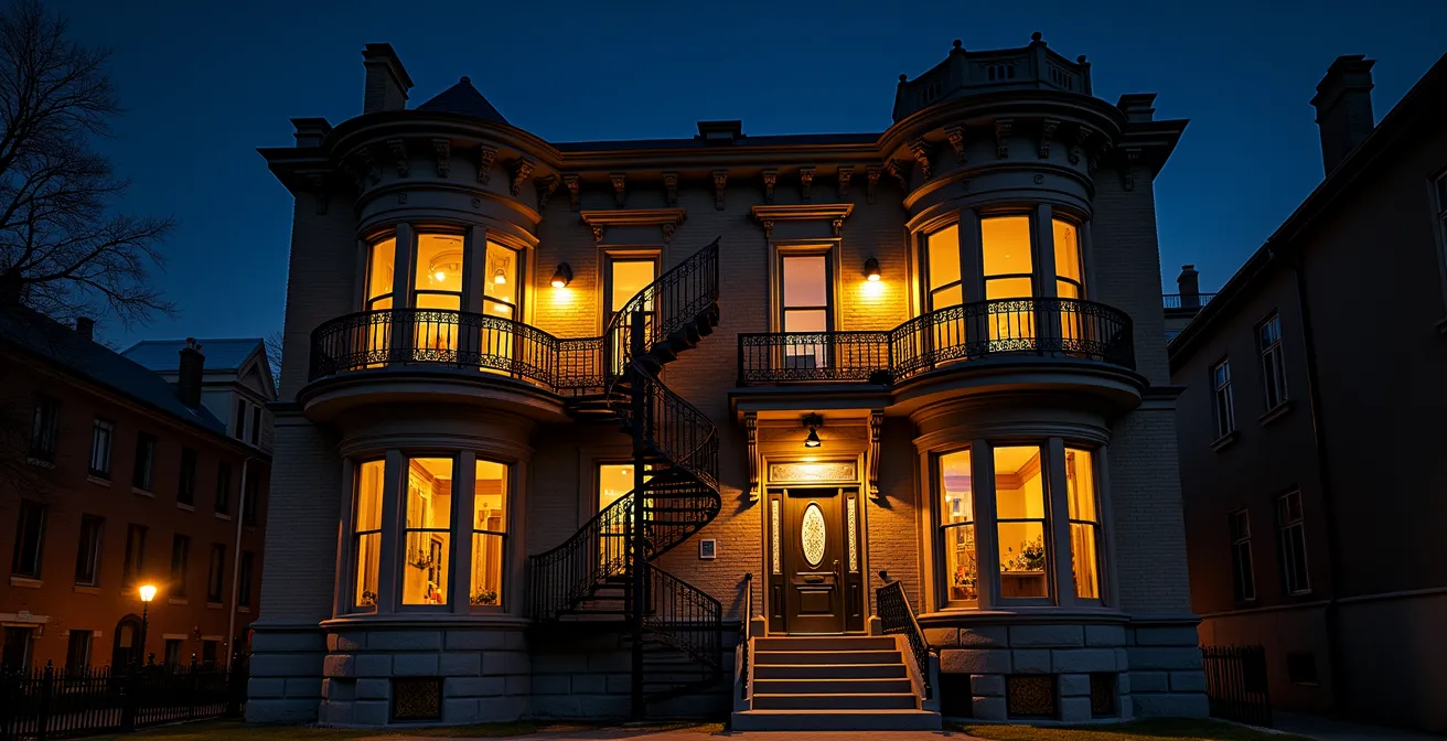 Façade de maison victorienne du Plateau Mont-Royal éclairée avec technique clair-obscur