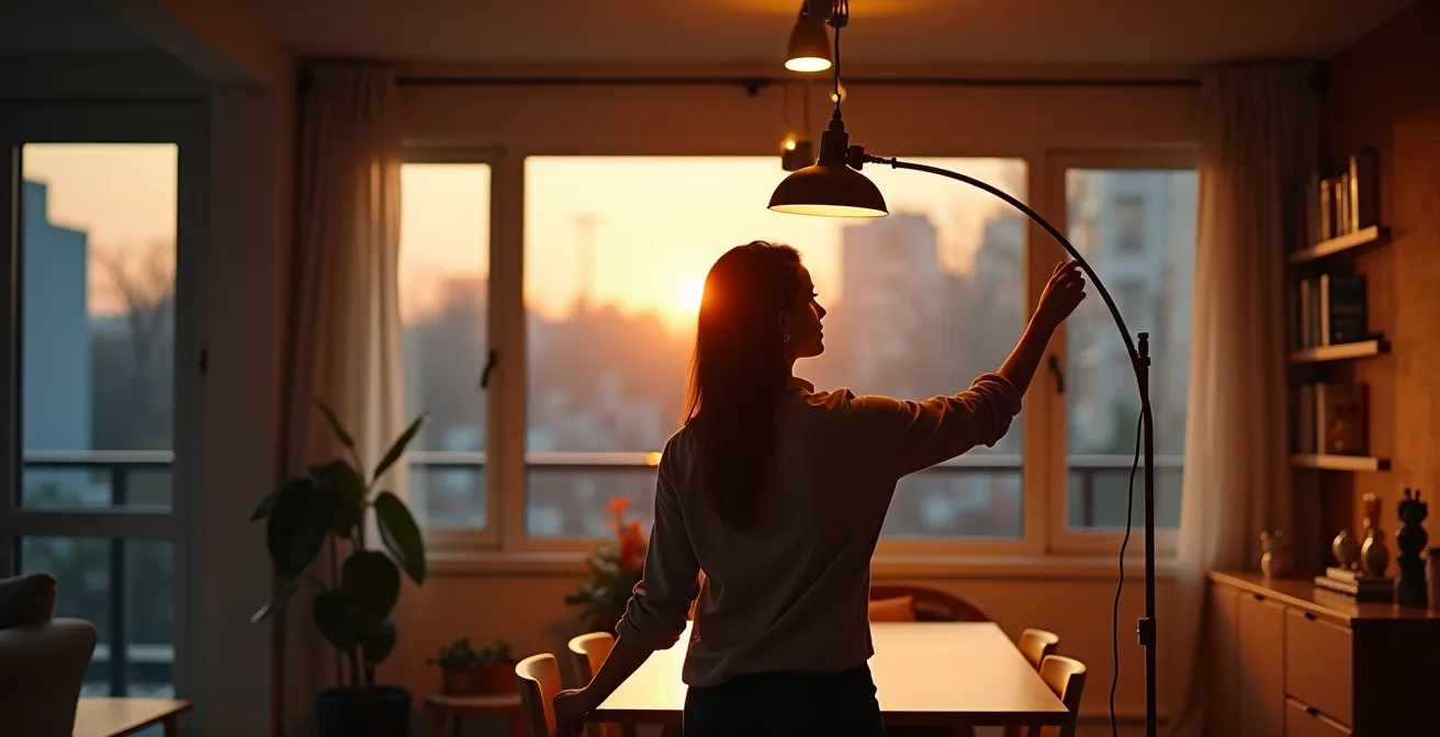 Éclairage stratifié d'un salon-salle à manger montréalais avec suspension design et lampadaire arqué