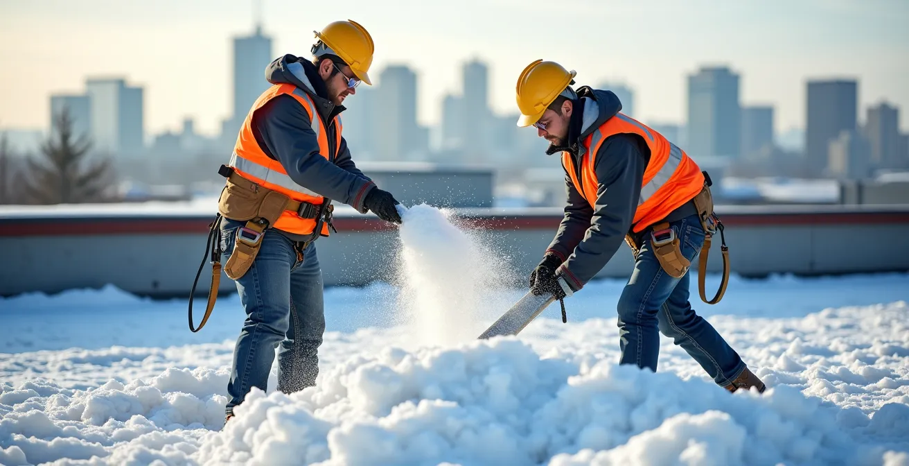Travailleurs professionnels avec équipement de sécurité complet déneigent un toit commercial