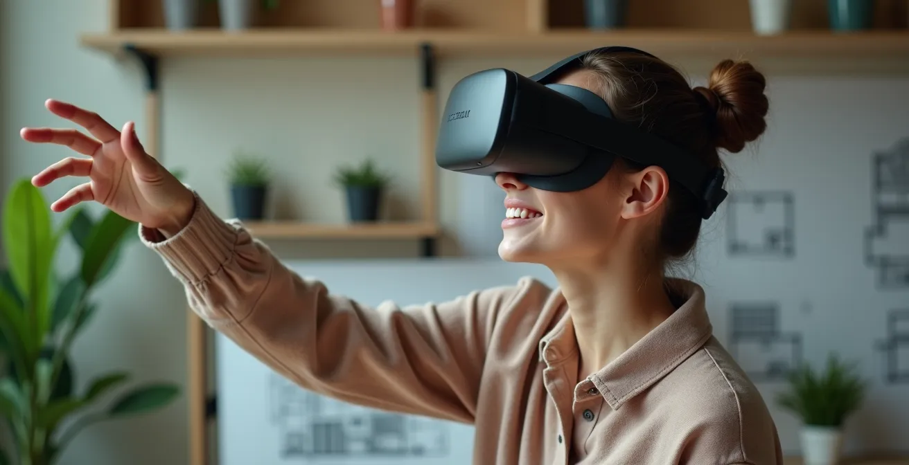 Personne portant un casque de réalité virtuelle dans un bureau d'architecte paysagiste