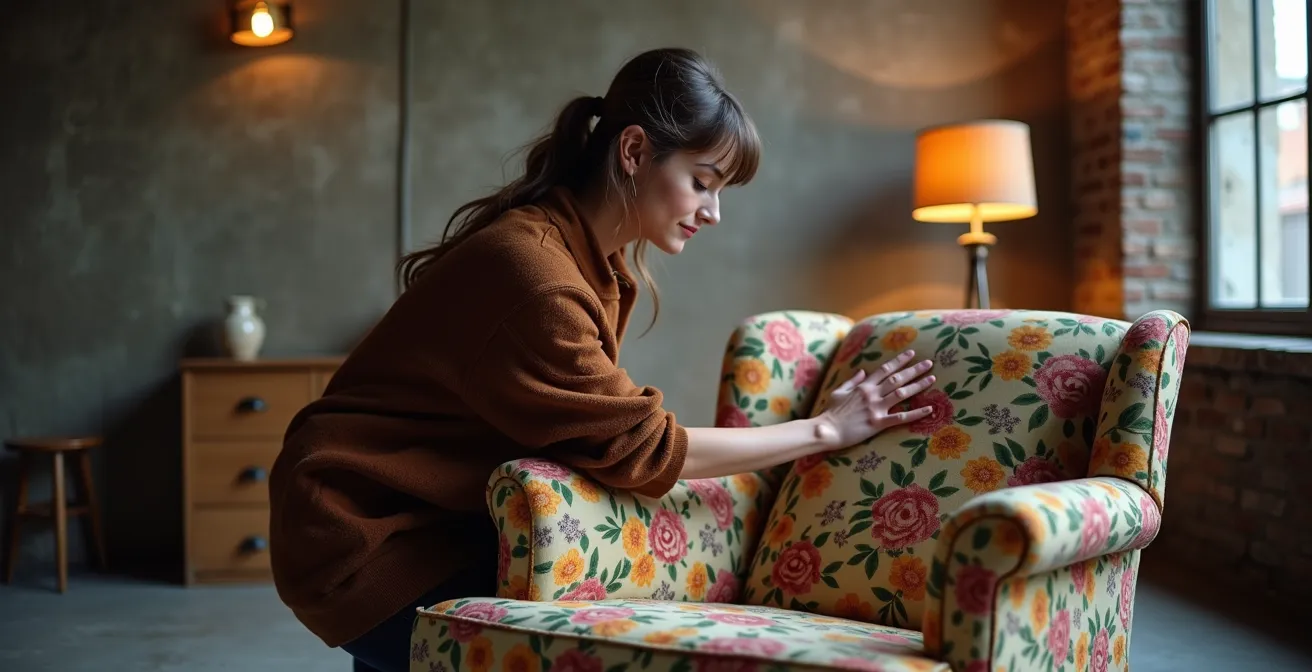 Fauteuil vintage à motifs floraux dans un loft industriel de Saint-Henri