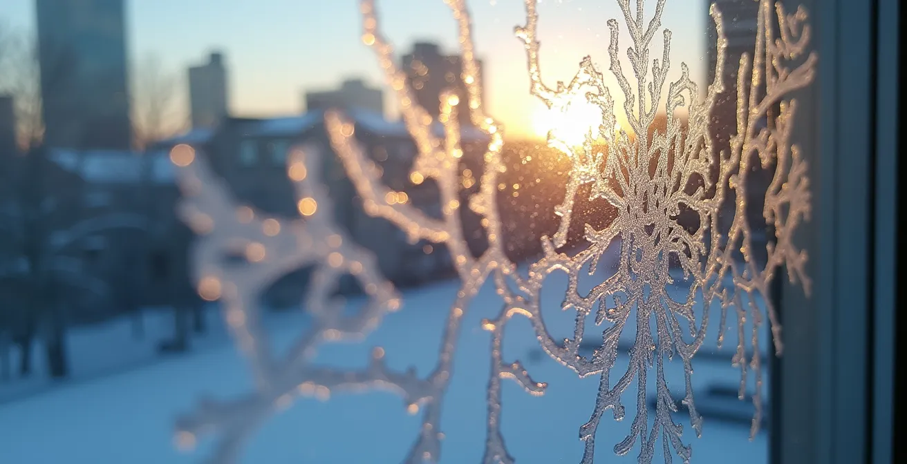 Fenêtre givrée avec motifs de cristaux de glace dans une maison montréalaise en hiver