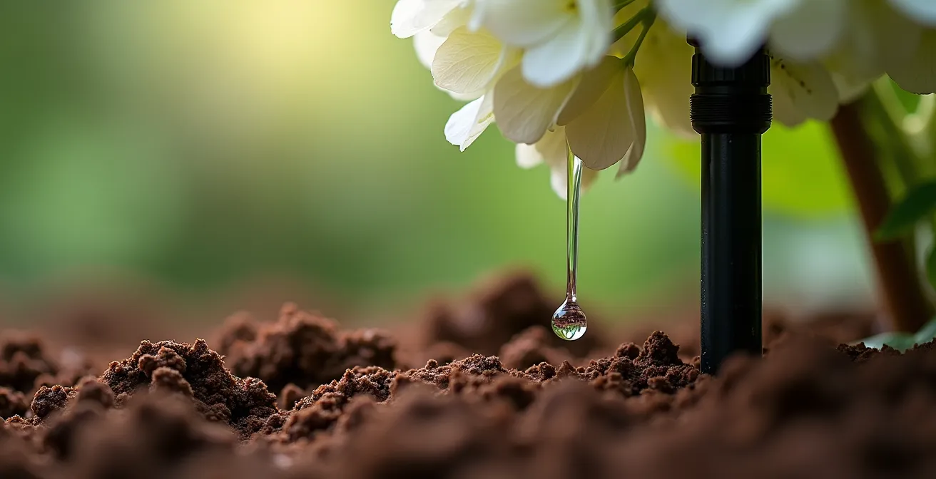 Système de goutteurs individuels arrosant des hydrangées dans un sol argileux