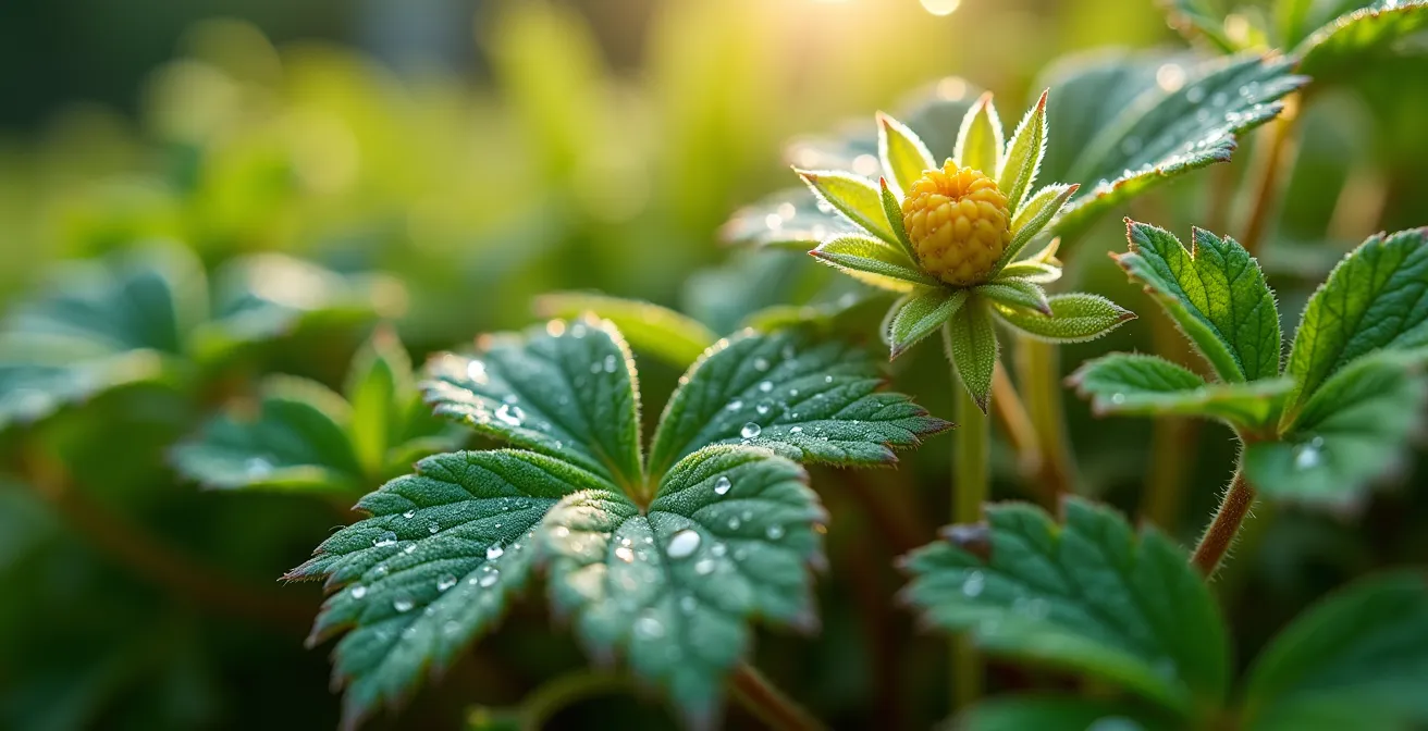 Vue en plongée d'une guilde de plantes autour d'un amélanchier avec sureau, fougères et fraises des bois