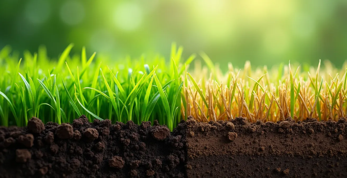 Comparaison visuelle de la hauteur de tonte idéale versus trop courte en période de canicule