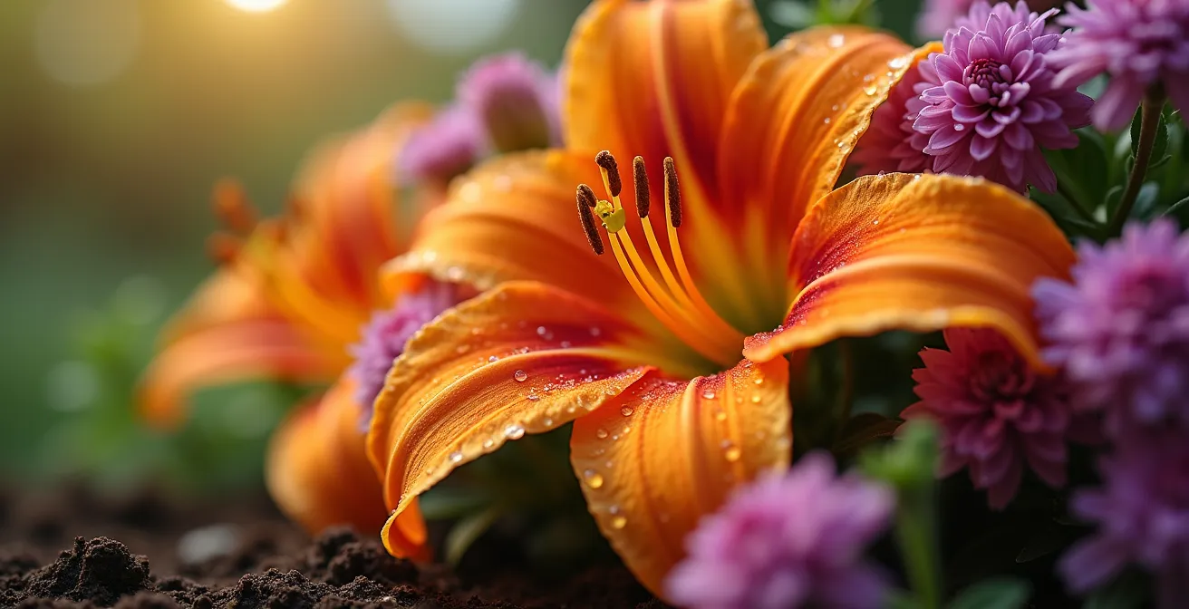 Massif fleuri d'hémérocalles orange et de monardes pourpres dans un jardin montréalais au sol argileux