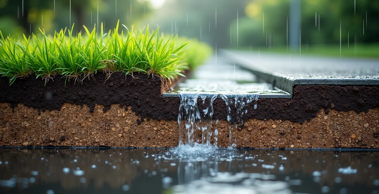 Vue en coupe d'un système de pavé perméable montrant l'infiltration d'eau