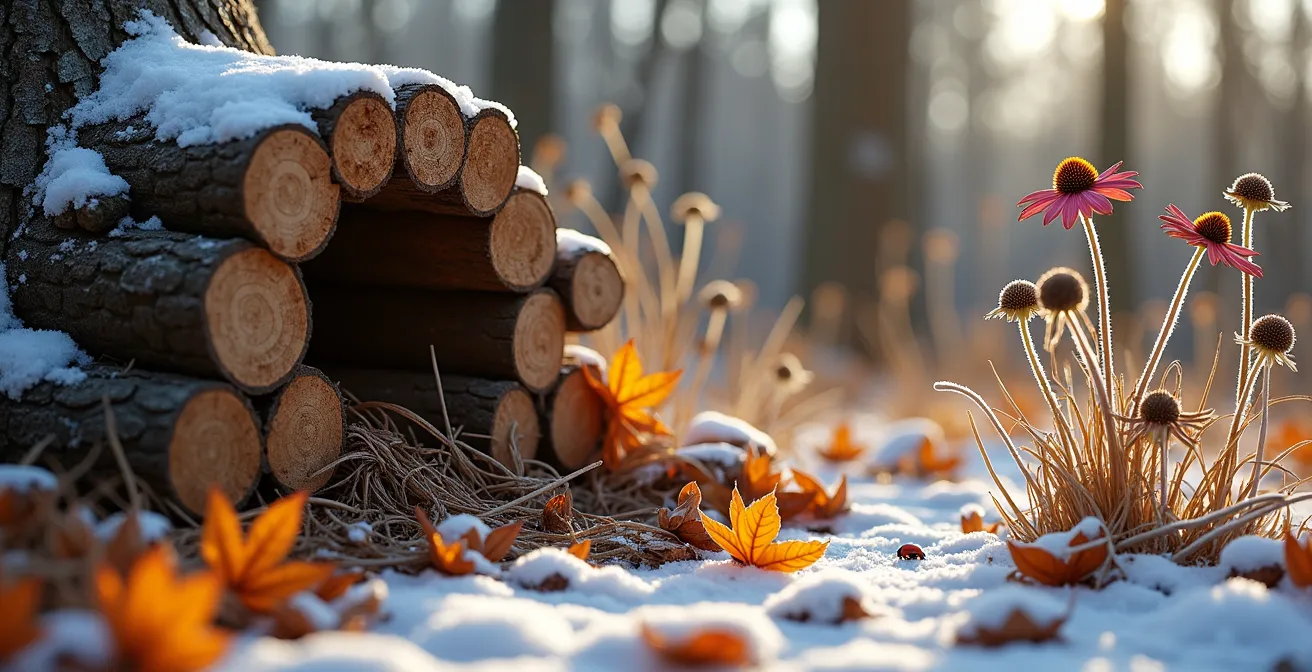 Coin de jardin automnal avec tas de bois, feuilles mortes et tiges séchées sous la neige