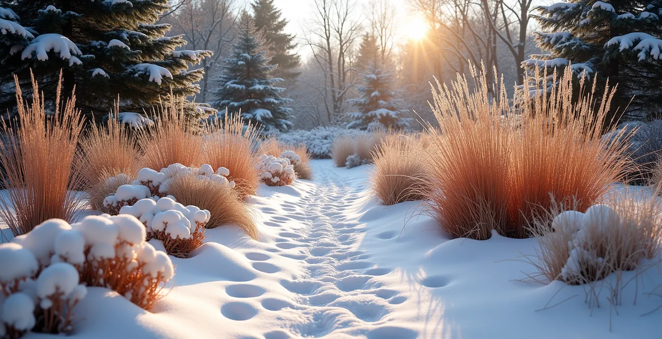 Graminées ornementales et arbustes à écorce colorée créant une structure hivernale sous la neige