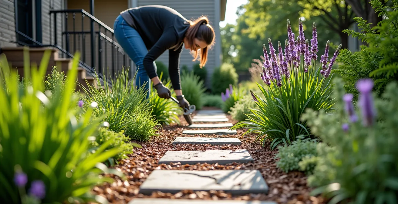 Jardin de façade montréalais avec agencement soigné de plantes indigènes et bordures définies