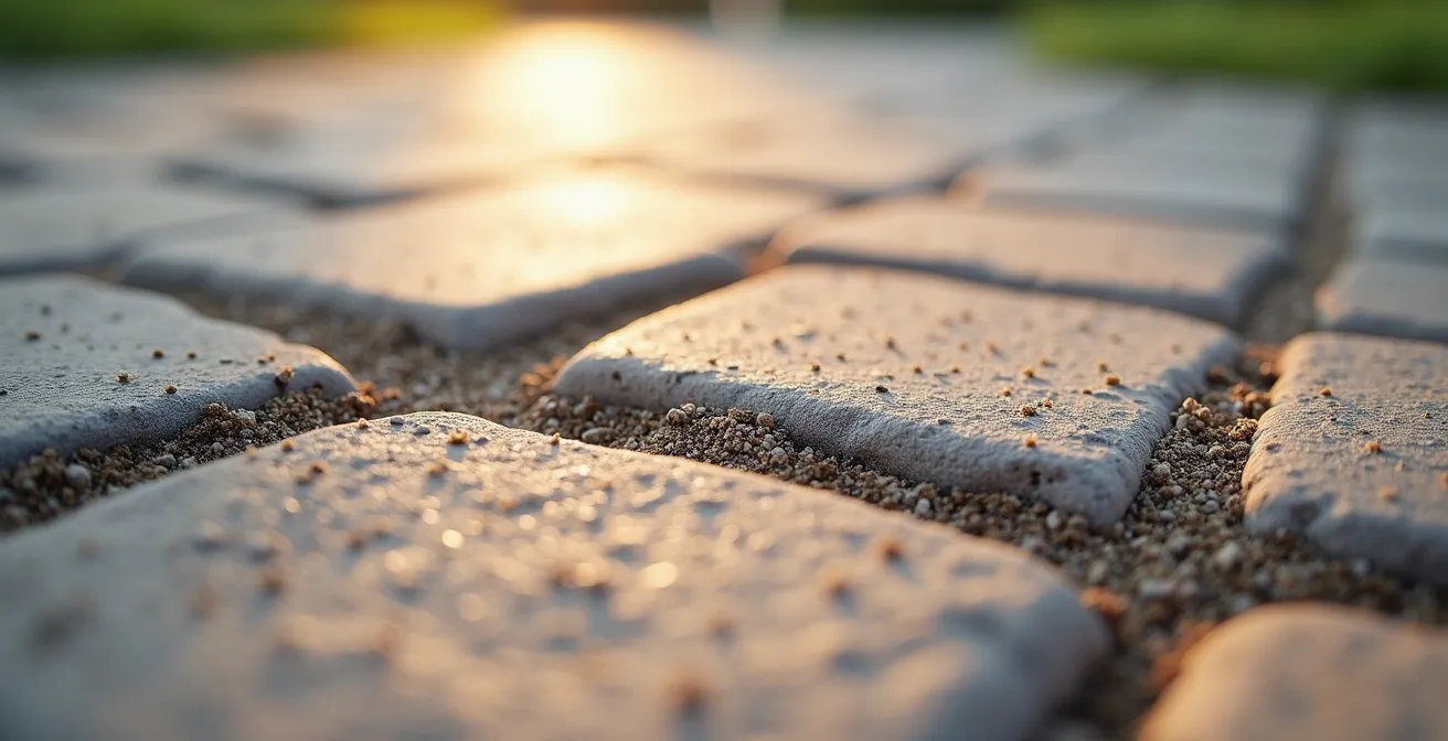 Gros plan sur des joints de pavés remplis de sable polymère durci montrant leur texture uniforme sans végétation