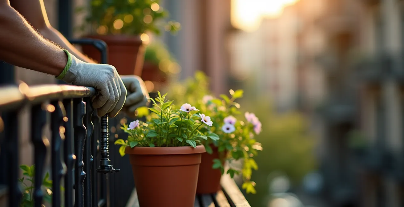 Installation discrète de tuyaux goutte-à-goutte sur un balcon urbain avec jardinières