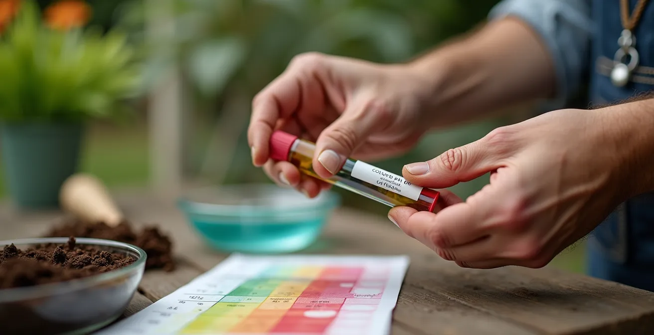 Mains tenant un tube de test colorimétrique avec échantillon de sol et charte de couleurs pour mesure du pH