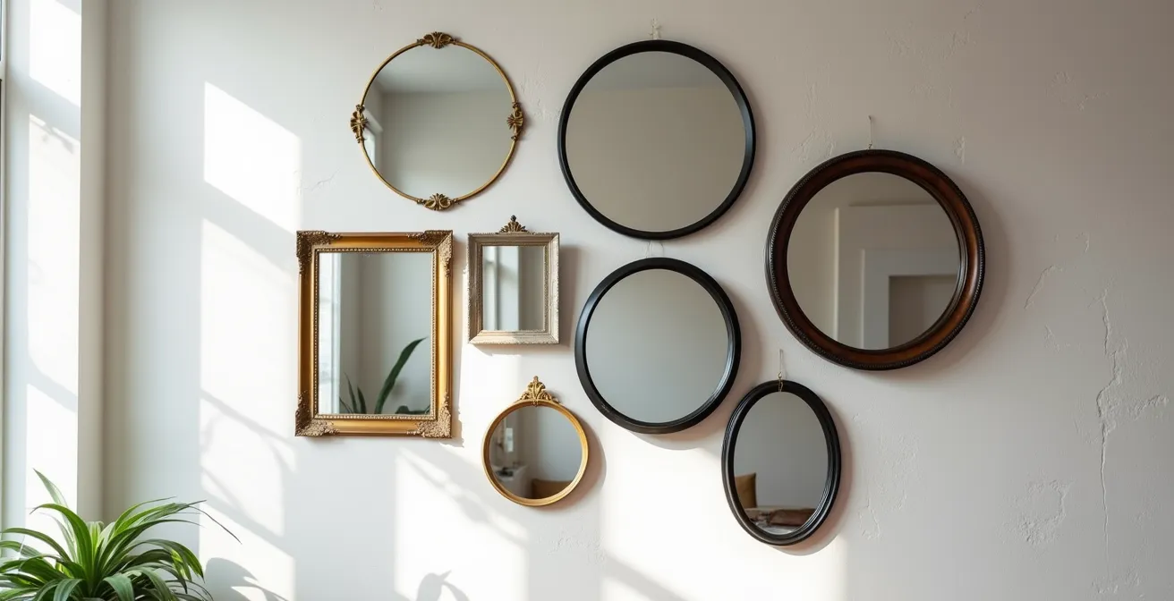 Mur galerie de miroirs variés dans un salon montréalais créant profondeur et luminosité