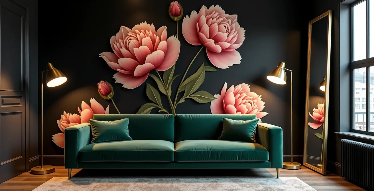 Mur noir avec motif de pivoines géantes dans un salon montréalais éclairé