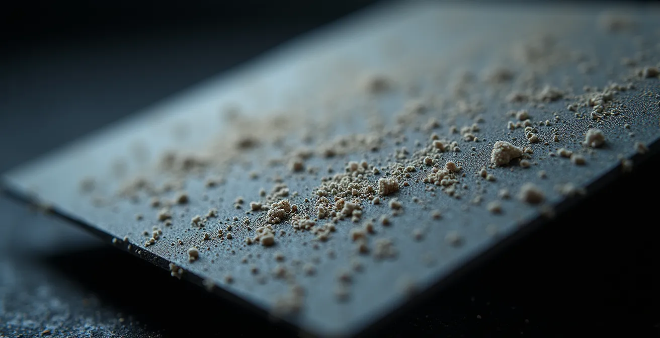 Vue macro détaillée d'un filtre d'échangeur d'air encrassé avec accumulation de poussière visible