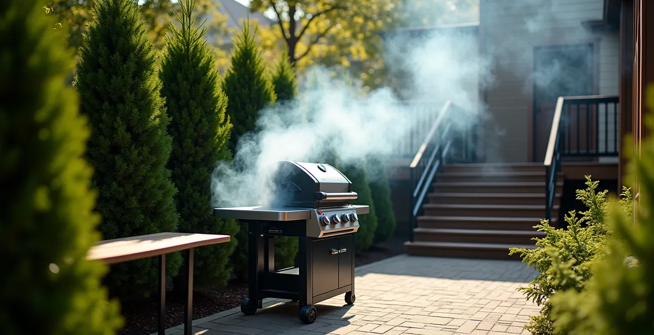 BBQ positionné perpendiculairement au vent avec haie de cèdres comme protection naturelle