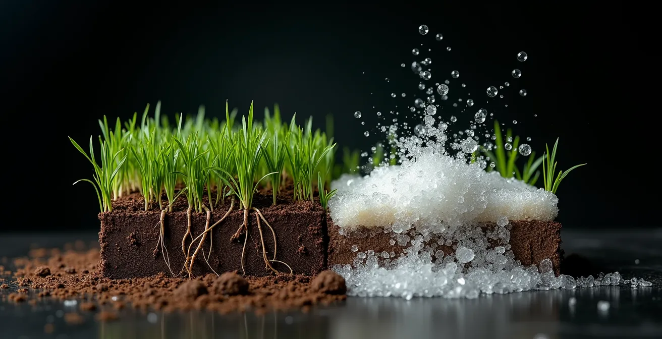 Coupe transversale du sol montrant les racines du gazon déshydratées avec cristaux de sel d'engrais visibles et flèches indiquant le mouvement de l'eau