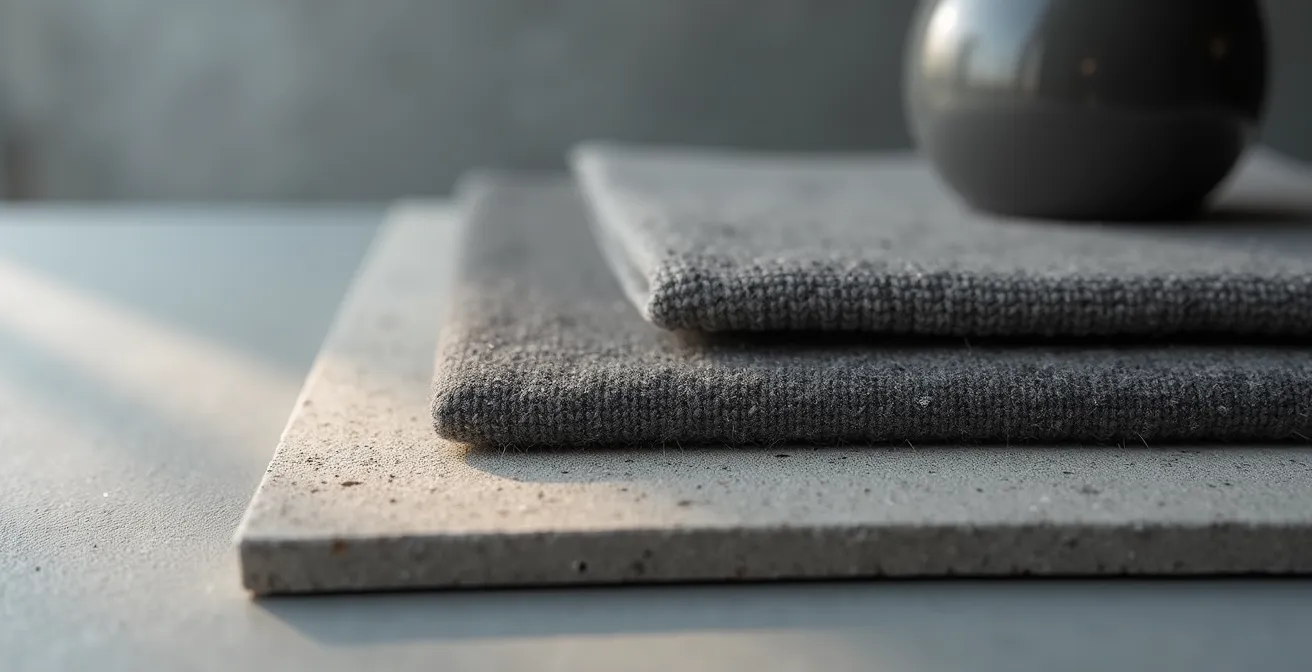 Composition de différentes textures grises créant de la profondeur dans un salon minimaliste